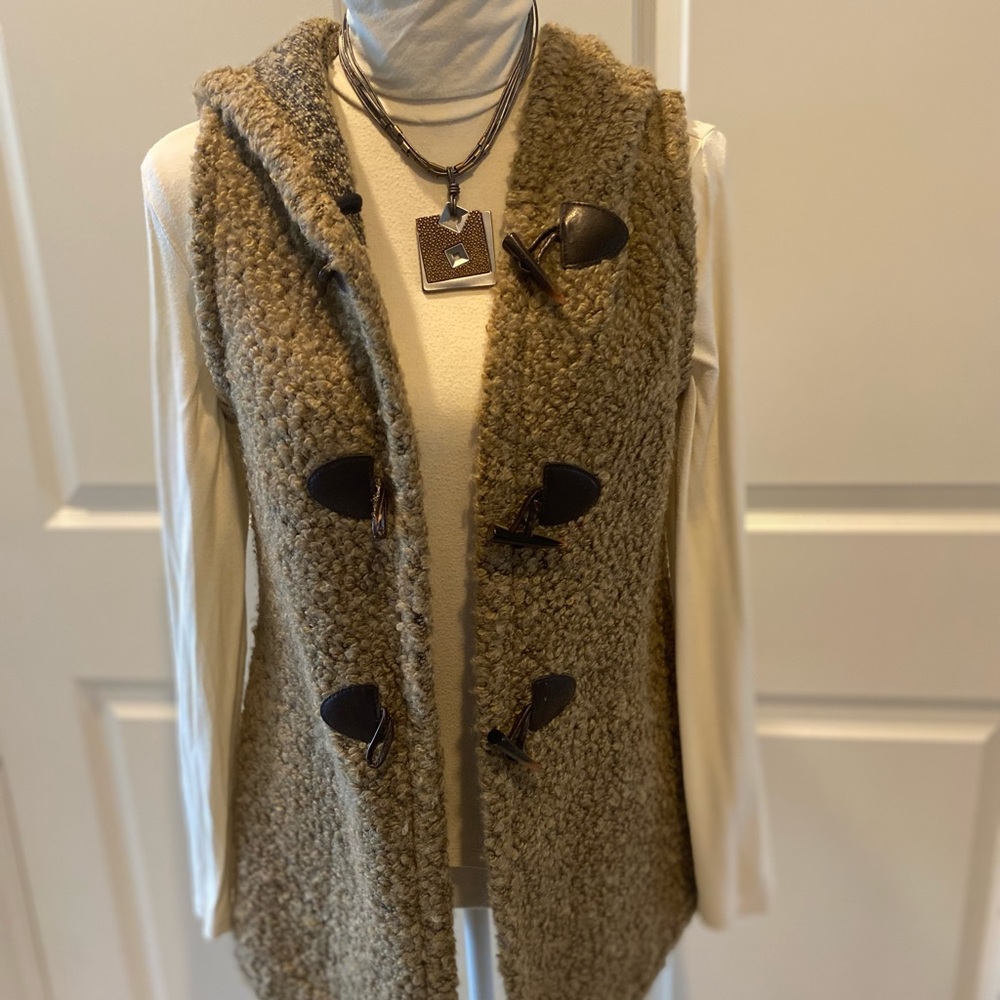 Saks Fifth Threads long boule vest with horn buttons and leather trim